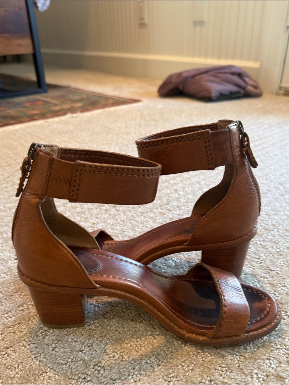 Frye Tan Leather Ankle-Strap Block Heels